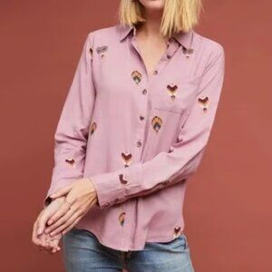 Anthropologie Mauve Pink Emroidered Hot Air Balloon Button Down Shirt